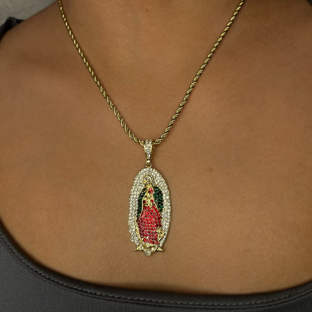Brand new gold Virgin Mary necklace with colored  stones.